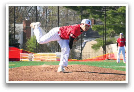 A man in a red shirt is pitching a baseball. Description generated by AI