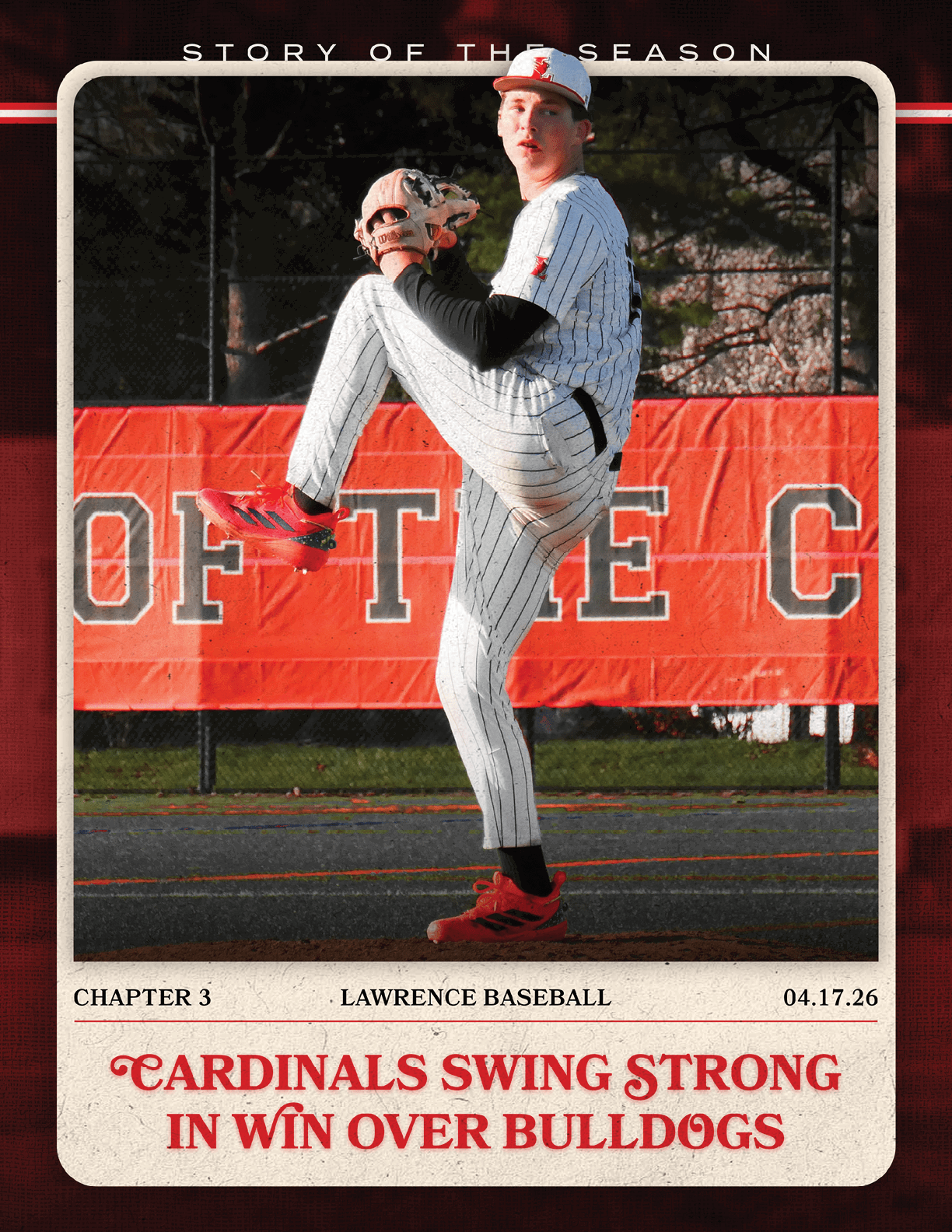 A baseball player wearing a red and white uniform. Description generated by AI