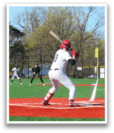 A baseball player is swinging a bat at a ball. Description generated by AI