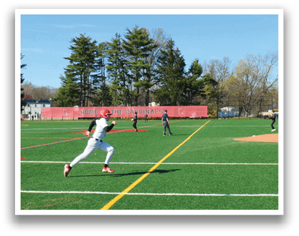 A baseball player running on a field. Description generated by AI