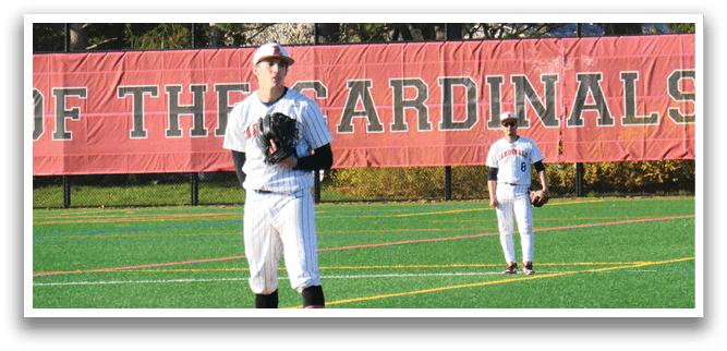 A pitcher on a baseball field wearing a red and white uniform. Description generated by AI
