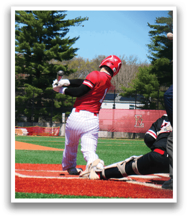 A baseball player is swinging a bat at a ball. Description generated by AI