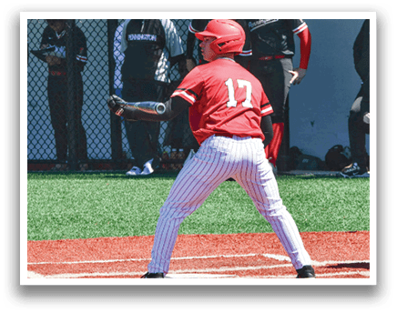 A baseball player in a red shirt and white pants holding a bat. Description generated by AI