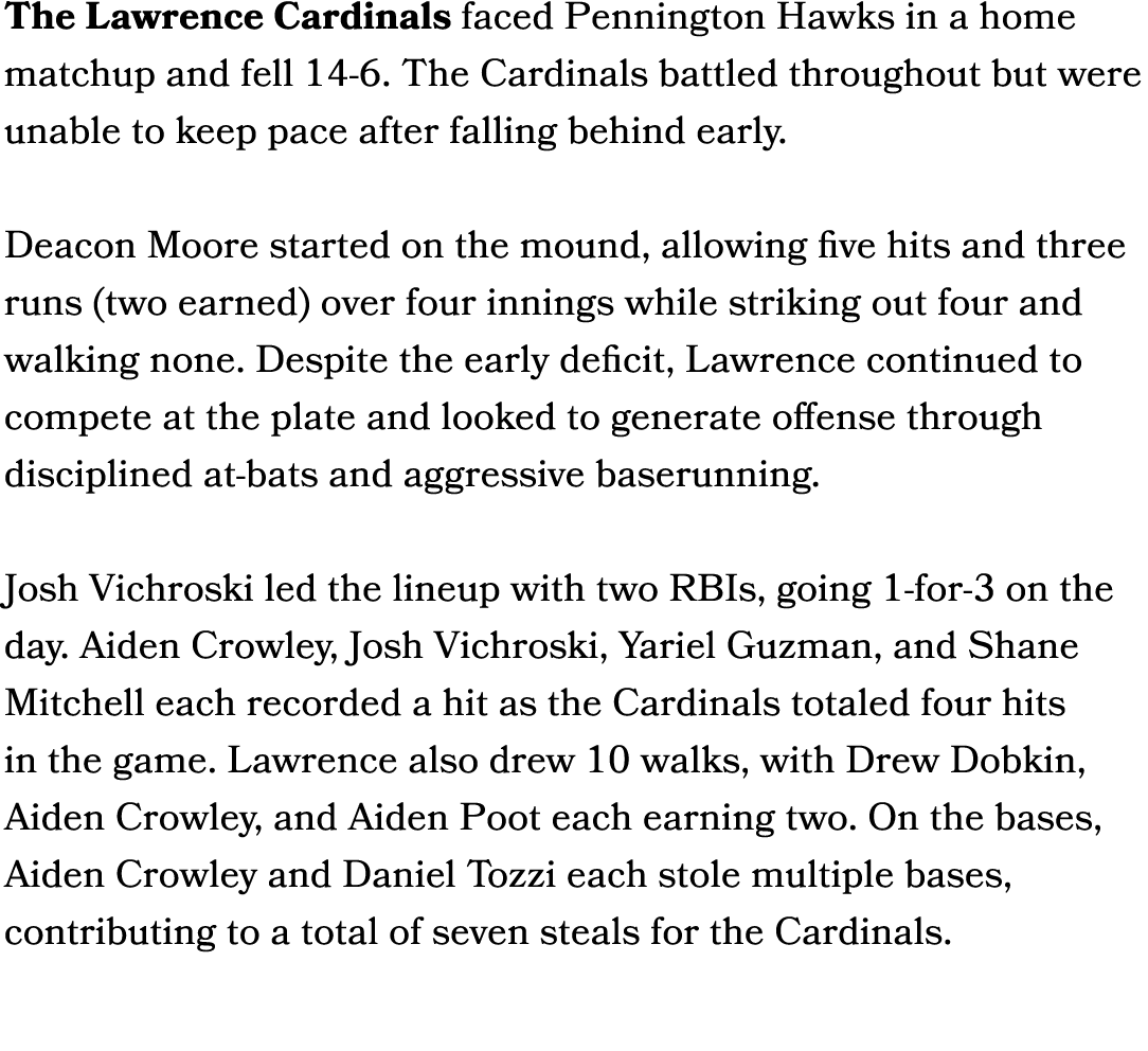 The Lawrence Cardinals faced Pennington Hawks in a home matchup and fell 14 6. The Cardinals battled throughout but w...