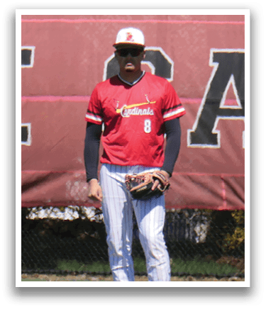 A baseball player standing on a field. Description generated by AI