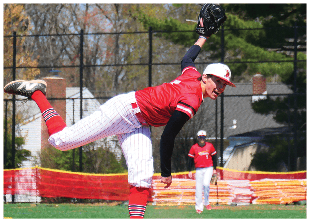 A man in a red shirt and white pants is throwing a baseball. Description generated by AI