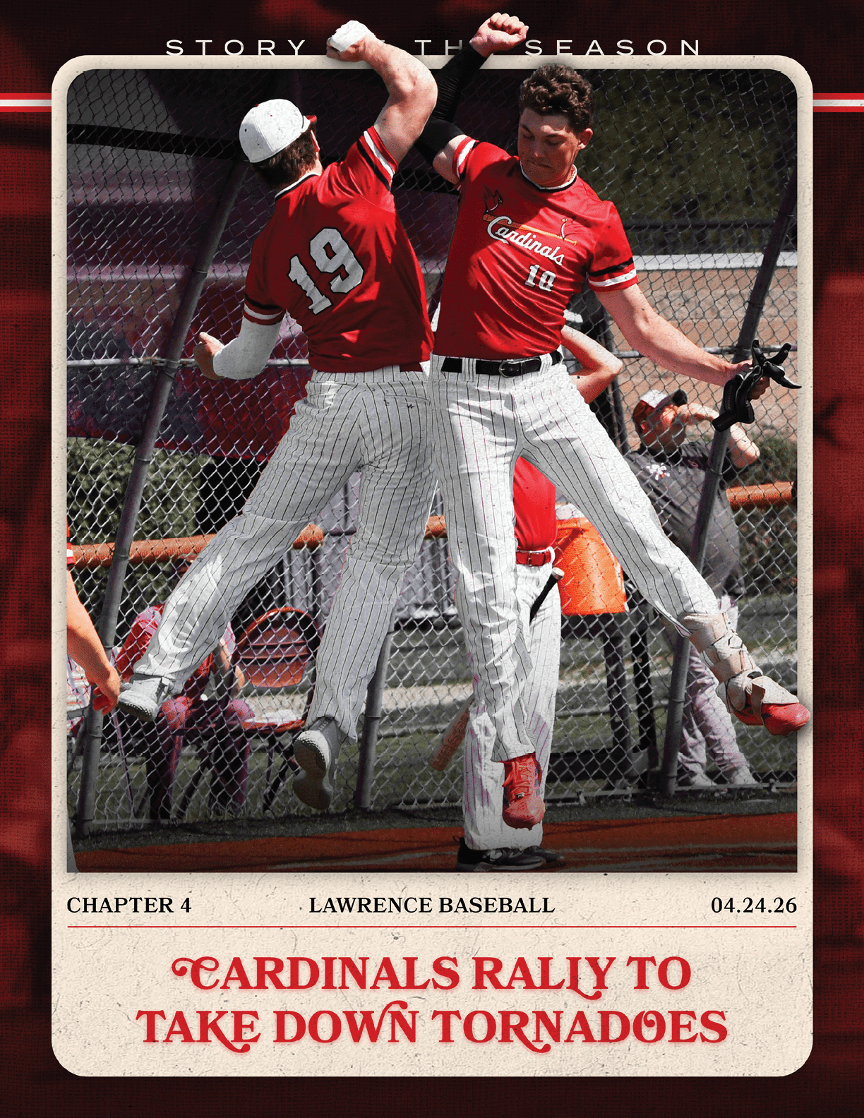 A baseball card with a picture of two men jumping in the air. Description generated by AI