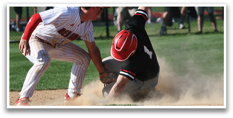 A baseball player slides into a base. Description generated by AI