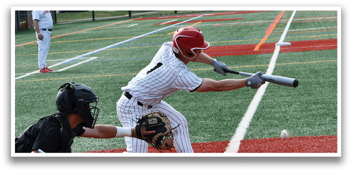A baseball player is swinging a bat at a ball. Description generated by AI