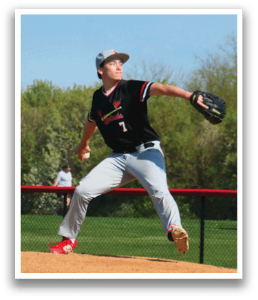 A baseball player in a black and red jersey is throwing a ball. Description generated by AI