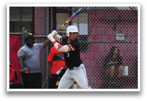 A baseball player is swinging a bat at a ball. Description generated by AI