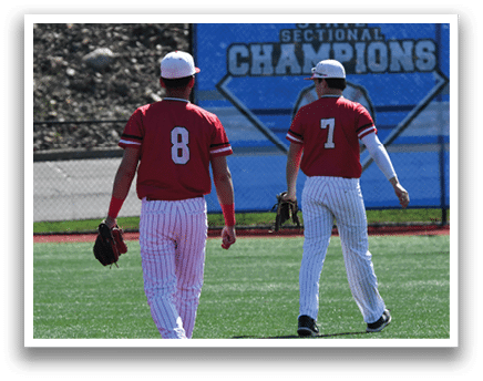 Two baseball players walking on a field. Description generated by AI
