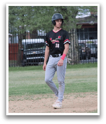 A baseball player wearing a black and red shirt and a black helmet. Description generated by AI