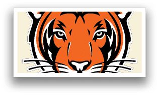 A tiger's face with orange and black stripes. Description generated by AI