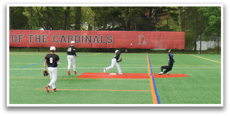 A baseball player kneeling on the field. Description generated by AI
