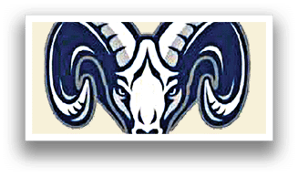 A ram with a blue and white face. Description generated by AI