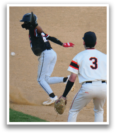 A baseball player is running towards a base while another player is trying to catch the ball. Description generated by AI