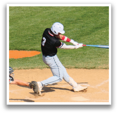 A baseball player is swinging a bat at a ball. Description generated by AI