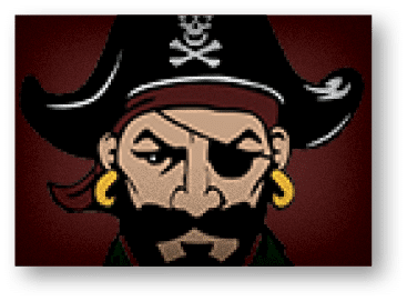 A pirate with a skull and crossbones on his hat. Description generated by AI