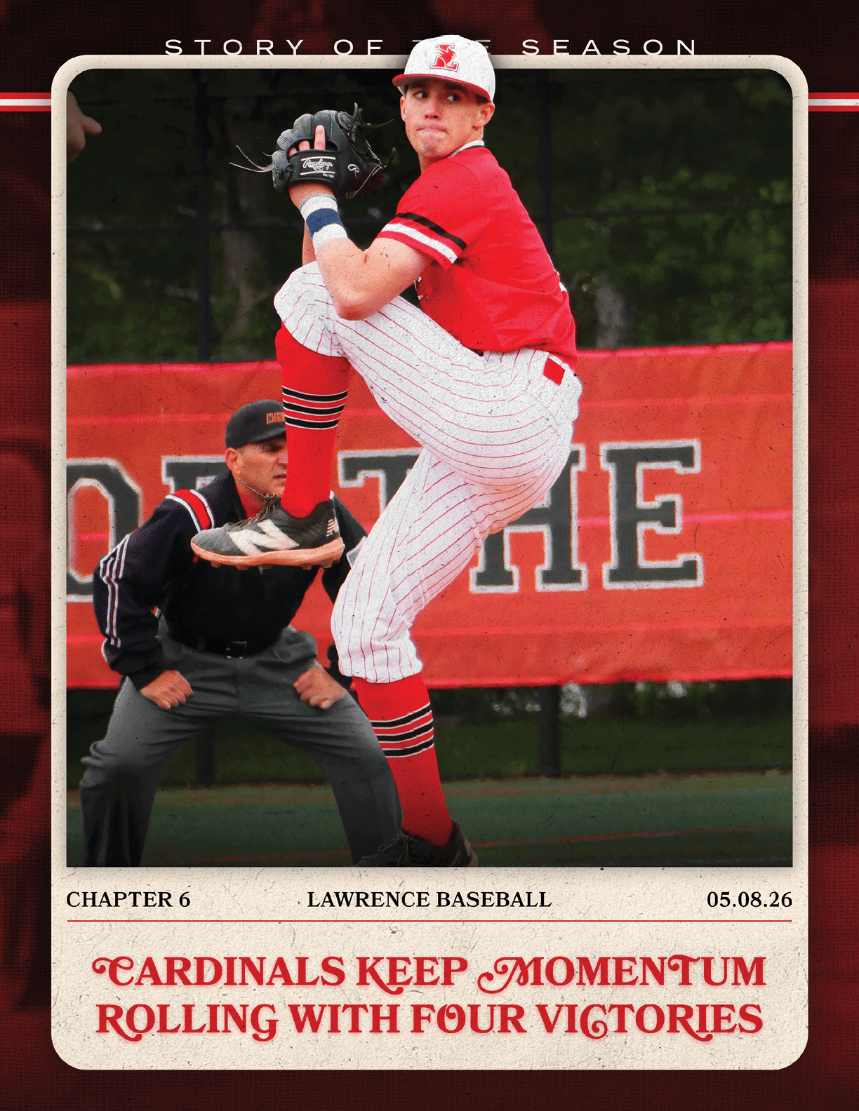 A baseball player in a red and white uniform is jumping in the air. Description generated by AI