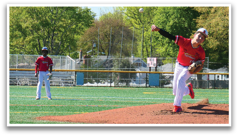 A baseball player in a red shirt and white pants is pitching a ball. Description generated by AI