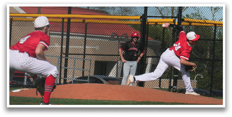 A baseball player in a red shirt and white pants is pitching a ball. Description generated by AI