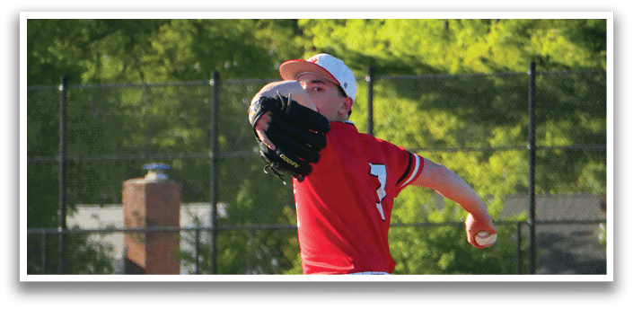 A baseball player in a red shirt and white cap is pitching a ball. Description generated by AI
