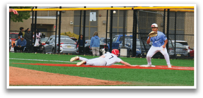 A baseball player is sliding into home plate. Description generated by AI