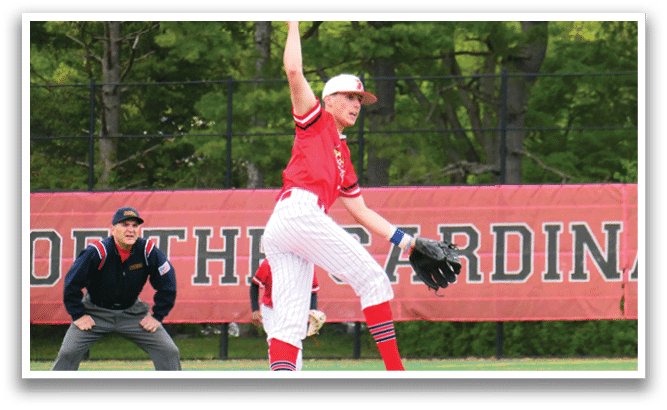 A baseball pitcher in a red shirt and white hat is throwing a ball. Description generated by AI