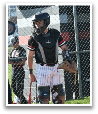 A baseball player wearing a helmet and chest protector. Description generated by AI