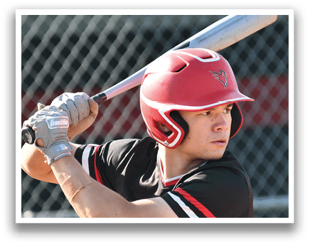 A baseball player wearing a red helmet and black shirt is holding a bat and getting ready to swing. Description generated by AI