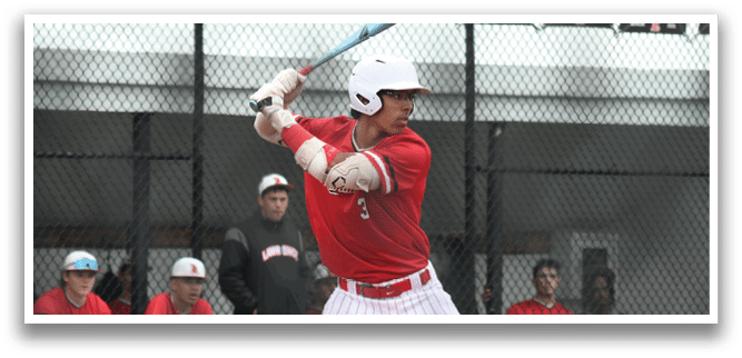 A baseball player in a red shirt and white pants is swinging a bat. Description generated by AI