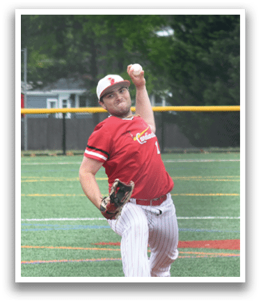 A man in a red shirt and white pants is pitching a baseball. Description generated by AI