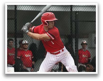 A baseball player in a red shirt and white pants is swinging a bat. Description generated by AI