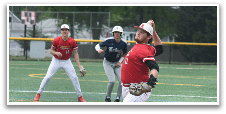 A baseball player in a red shirt and white pants is pitching a ball. Description generated by AI
