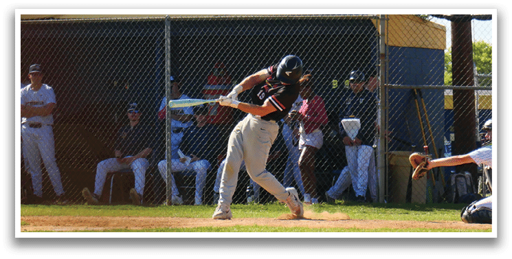 A baseball player is swinging a bat at a ball. Description generated by AI