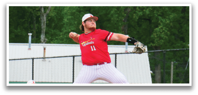 A man in a red shirt and white pants is pitching a baseball. Description generated by AI