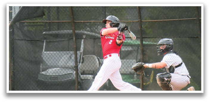 A baseball player is swinging a bat at a ball. Description generated by AI