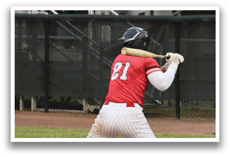A baseball player is swinging a bat at a ball. Description generated by AI