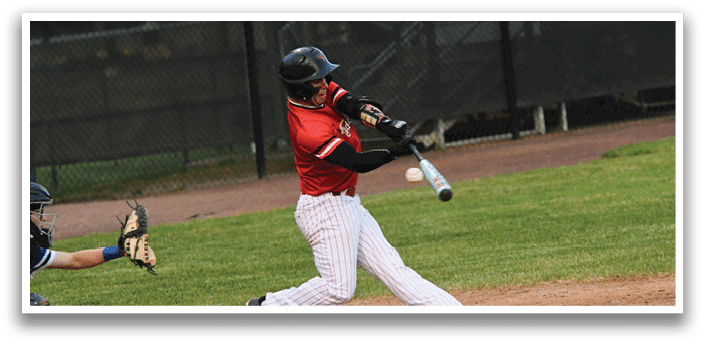 A baseball player in a red shirt and white pants is swinging a bat at a ball. Description generated by AI