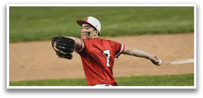 A baseball player wearing a red shirt and white pants is throwing a ball. Description generated by AI