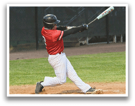 A baseball player in a red and white uniform is swinging a bat. Description generated by AI