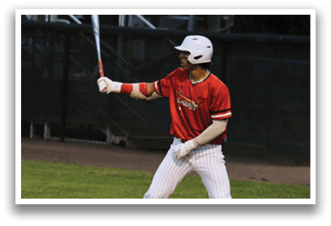 A baseball player in a red shirt and white pants holding a bat. Description generated by AI