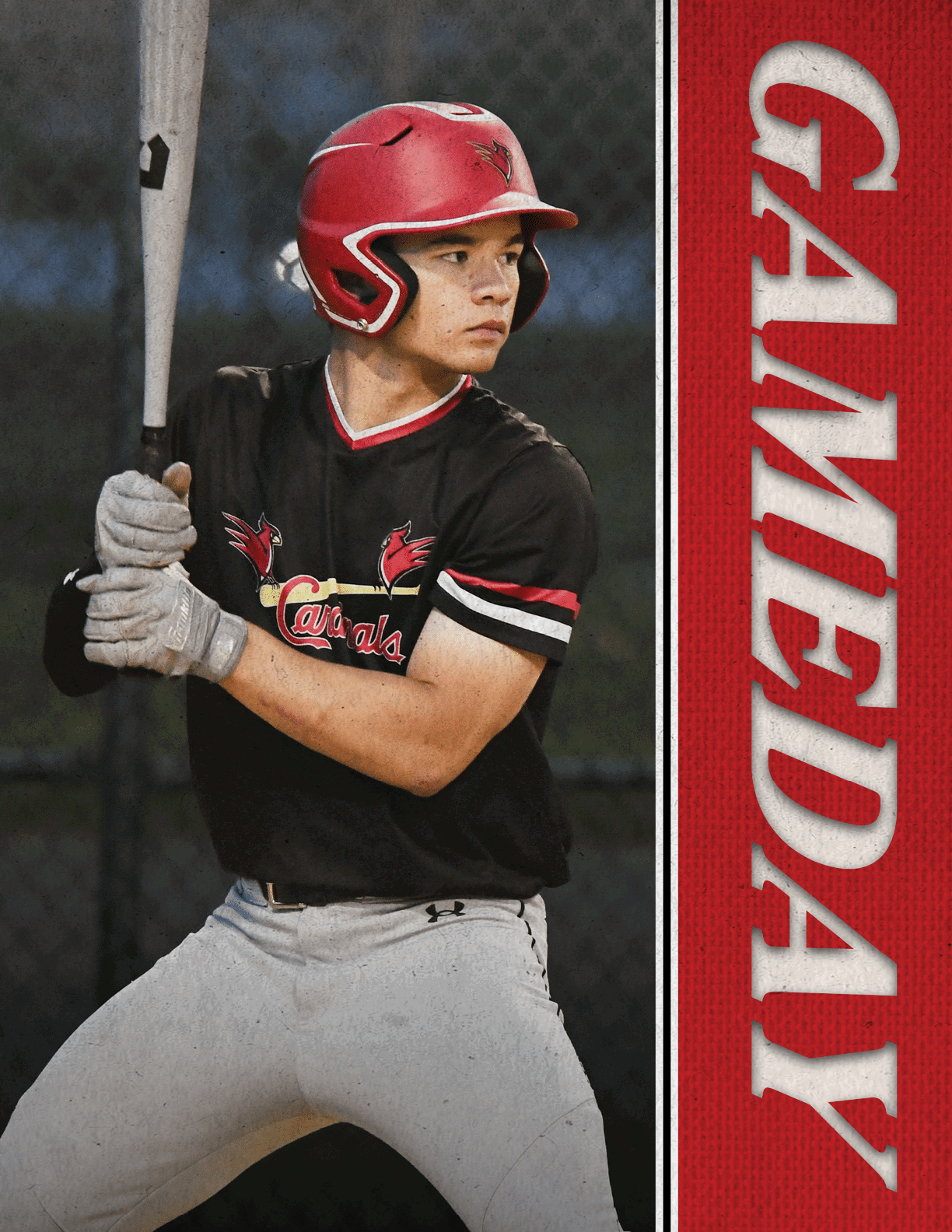 A baseball player holding a bat. Description generated by AI