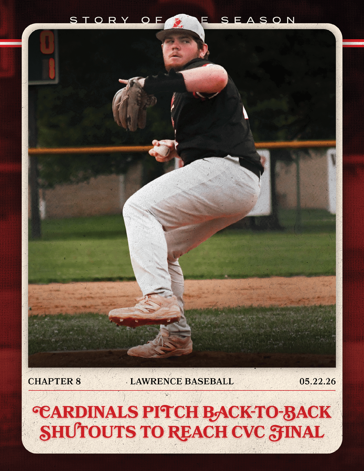 A baseball player in a black shirt and white pants is in the process of throwing a ball. Description generated by AI