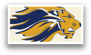 A yellow and blue lion head. Description generated by AI