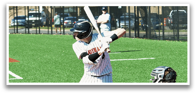 A baseball player is swinging a bat at a ball. Description generated by AI