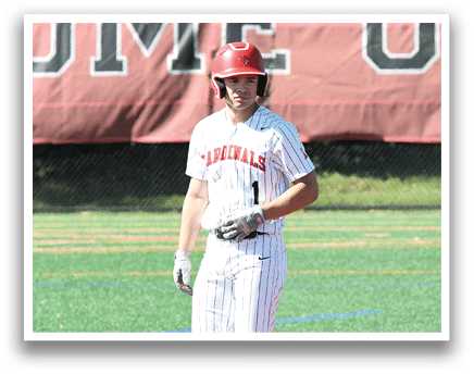 A baseball player wearing a red helmet and white uniform. Description generated by AI