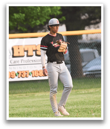 A baseball player standing on a field. Description generated by AI