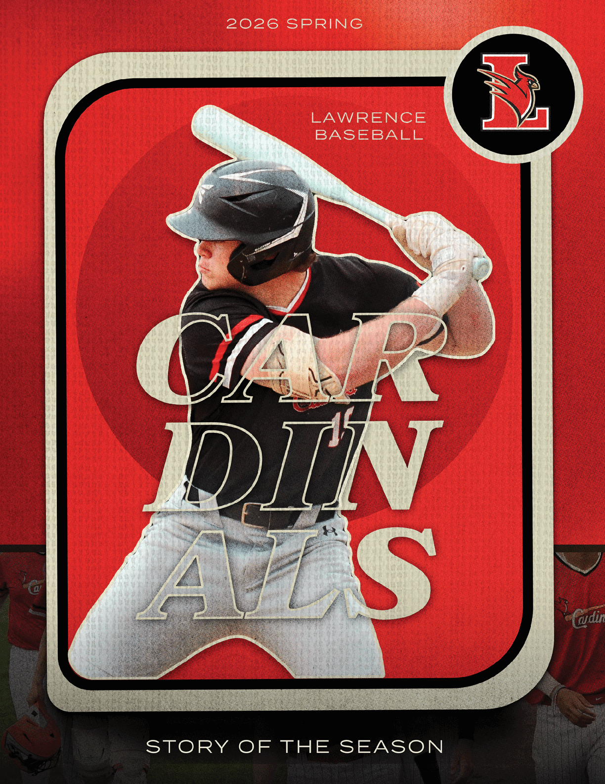 A baseball card featuring a man in a black and red uniform swinging a bat. Description generated by AI